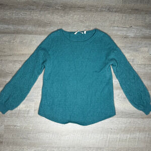 Soft Surroundings Teal Blue 100% Cashmere Bishop Sleeve Swiss Sweater Size S